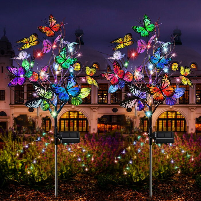 Solar Butterfly Lights, 2 Pack Outdoor Solar Garden Stake Lights, Waterproof Decorative Solar Lights with 14 Butterflies for Pathway Lawn Decor (Colorful Light)