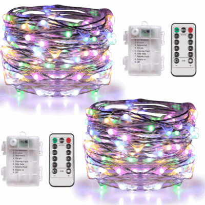 QiShi 2 Set Fairy Lights Battery Operated Christmas String Lights with Remote Timer for 8 Modes Twinkle Lights 66 feet 200 LED Firefly Lights -Multicolor