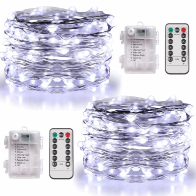 QiShi 2 Set Fairy Lights Battery Operated Christmas String Lights with Remote Timer for 8 Modes Twinkle Lights 66 feet 200 LED Firefly Lights -Cool White