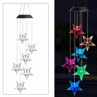 QiShi Color Changing Wind Chime Stars LED Wind Chime Wind Mobile Portable Waterproof Outdoor Decorative Romantic Wind Bell Light for Patio Yard Garden Home