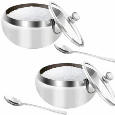 Stainless Steel Sugar Bowl with Clear Glass Lid - for better recognition, and Spoon for Home and Kitchen, Drum Shade,16.9oz-2PACK