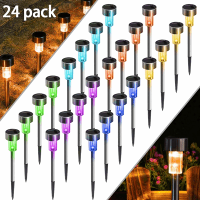 Qishi 24-Pack Solar Pathway Lights - LED Stainless Steel Outdoor Lighting for Yard, Walkway