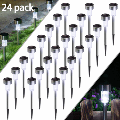 Qishi 24-Pack Solar Pathway Lights - Waterproof Stainless Steel LED Landscape Lighting for Yard, Patio & Walkway