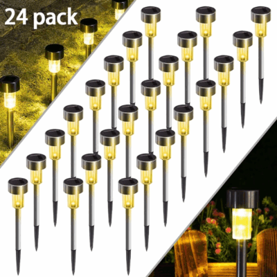 Qishi 24-Pack Waterproof Solar Lights - Stainless Steel LED Pathway Lights for Yard & Patio