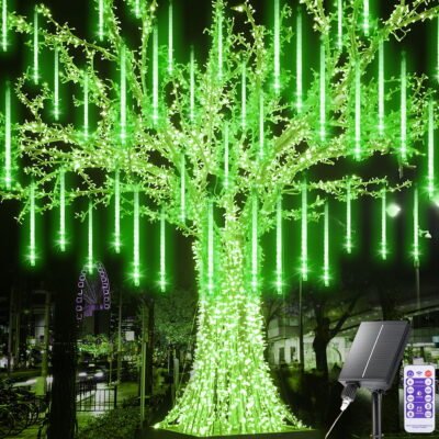 Meteor Shower Rain Lights, 8 Tube 288 LED Waterproof Icicle Snow Fall String Cascading Lights, Rain Drop Lights for Holiday Birthday Party Garden Home Patio Indoor Outdoor Decoration (Green)