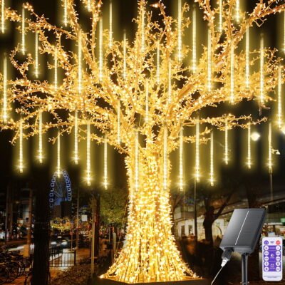 Meteor Shower Rain Lights, 8 Tube 288 LED Waterproof Icicle Snow Fall String Cascading Lights, Rain Drop Lights for Holiday Birthday Party Garden Home Patio Indoor Outdoor Decoration (Warm White)