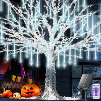 Outdoor Meteor Shower Lights, 11.8 Inch 8 Tube 192 LEDs Meteor Light, Christmas Snow Falling Rain Lights for Xmas Tree Holiday Wedding Outdoor Party Patio Decoration (White)