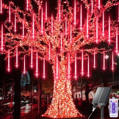 Meteor Shower Rain Lights, 8 Tube 288 LED Waterproof Icicle Snow Fall String Cascading Lights, Rain Drop Lights for Holiday Birthday Party Garden Home Patio Indoor Outdoor Decoration (Red)