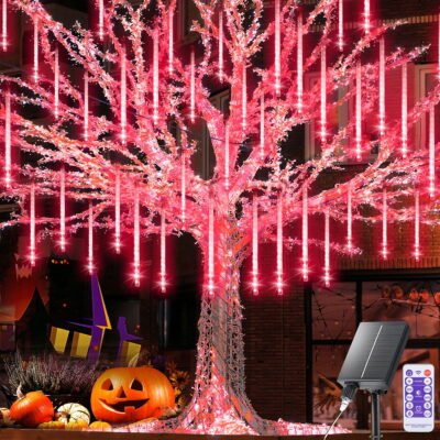 Outdoor Meteor Shower Lights, 11.8 Inch 8 Tube 192 LEDs Meteor Light, Christmas Snow Falling Rain Lights for Xmas Tree Holiday Wedding Outdoor Party Patio Decoration (Red)