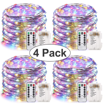 4 Pack 33 Feet 100 Led Fairy Lights Battery Operated with Remote Control Timer Wateproof Copper Wire Twinkle String Lights for Bedroom Indoor Outdoor Wedding Dorm Decor (Multicolor)