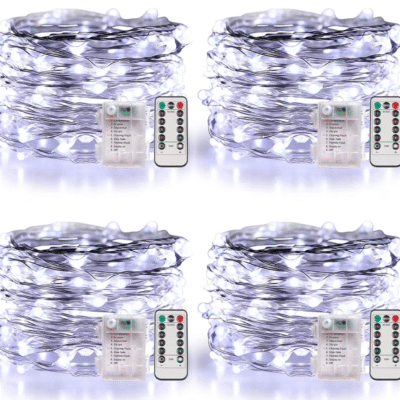 QiShi 4 Set Fairy Lights Battery Operated Christmas String Lights with Remote Timer for 8 Modes Twinkle Lights 66 feet 200 LED Firefly Lights -Cool White