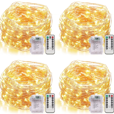 QiShi 4 Set Fairy Lights Battery Operated Christmas String Lights with Remote Timer for 8 Modes Twinkle Lights 66 feet 200 LED Firefly Lights -Warm White