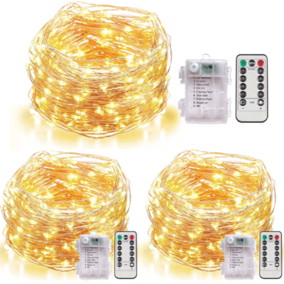 QiShi 3 Set Fairy Lights Battery Operated Christmas String Lights with Remote Timer for 8 Modes Twinkle Lights 66 feet 200 LED Firefly Lights -Warm White