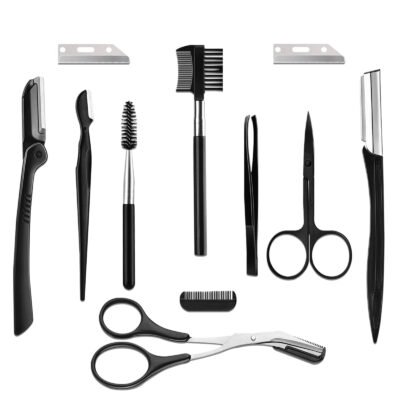 Somnr 11-in-1 Eyebrow Grooming Kit – Tweezers, Razors, Scissors, Brush & Comb for Women & Men, Black