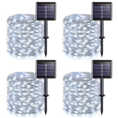 GLUAAE Solar Outdoor String Lights，100 LED Solar Powered Fairy Lights 33 feet 8 Modes Copper Wire Lights Waterproof Outdoor String Lights(White)4Pack