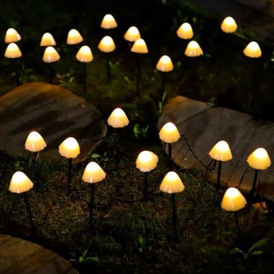 Qishi Solar Mini Mushroom Lights, 3.8m 12 LED Waterproof Outdoor Pathway Lighting, Warm White-2Pack
