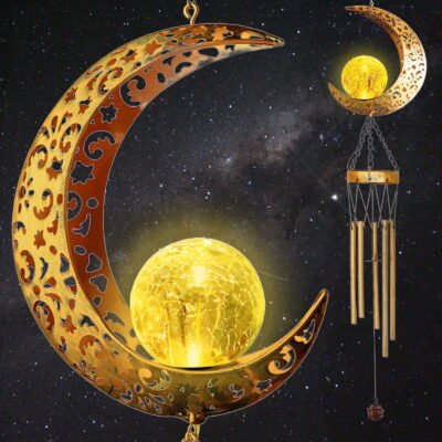 QiShi Wind Chimes for Outdoor, Moon Wind Chimes with Glass Ball Crackle, Retro Metal Wind Chimes for Outside Hanging Garden Patio Decor