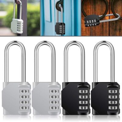 Somnr Long Shackle Padlock 4 Pack, 4 Digit Combination Lock, Resettable Weatherproof Combo Lock for School, Gym, Employee Locker, Outdoor, Fence(Black＆Silver)