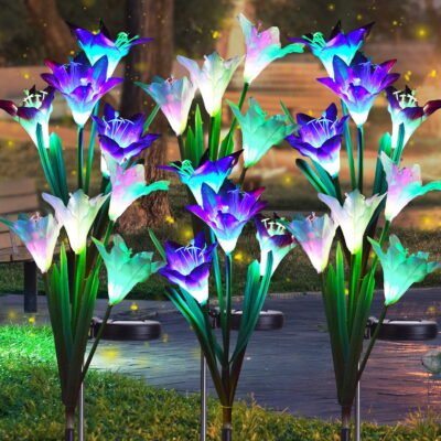 Solar Powered Outdoor Stake Lights - Color changing LED Solar Stake Lights for Garden, Patio, Landscape, 6 Pack Solar Lights with 24 Lily Flowers (Purple and White)