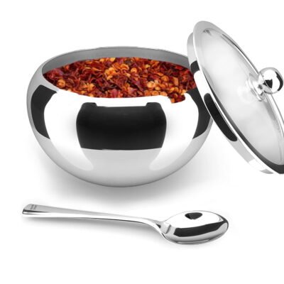 Somnr Large Sugar Bowl, Stainless Steel with Glass Lid, Includes Stainless Steel Spoon, 16.9 oz