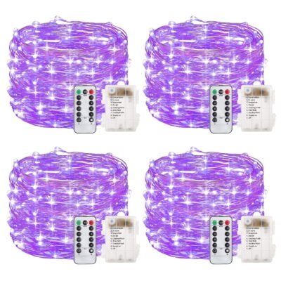 33 Feet 100 Led Fairy Lights Battery Operated with Remote Control Timer Waterproof Copper Wire Twinkle String Lights for Bedroom Indoor Outdoor Wedding Dorm Decor, Purple 4Pack