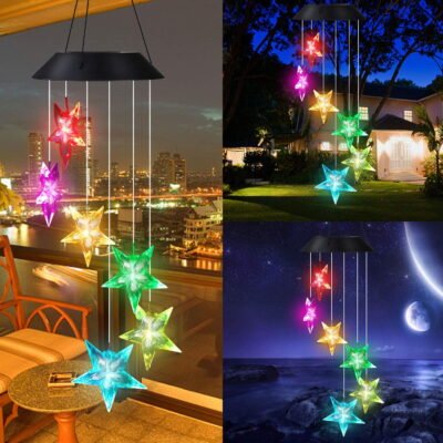 Star Wind Chime Color-Changing Outdoor Waterproof Led Solar Powered Wind Chimes for Home/Party/Yard/Garden Decoration (Star Chime)
