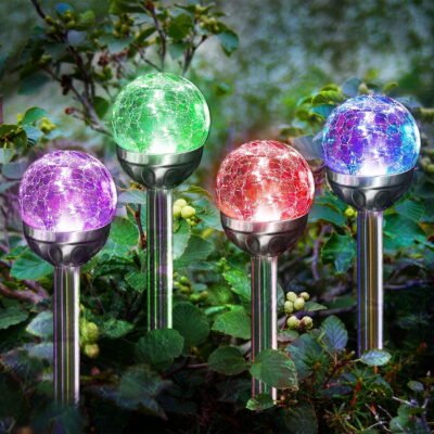 Solar Globe Lights Outdoor, Cracked Glass Ball Dual LED Garden Lights,Color-Changing Outdoor Landscape Garden Light Decoration, Garden Decor 4 Pcs