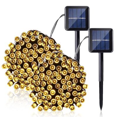 QiShi Solar Christmas Lights LED Solar Lights,39ft 100 LED Outdoor Waterproof Patio Decoration String Lights for Chirstmas tee,Garden,Patio,Backyard,Party,ect (Warm White)-2Pack