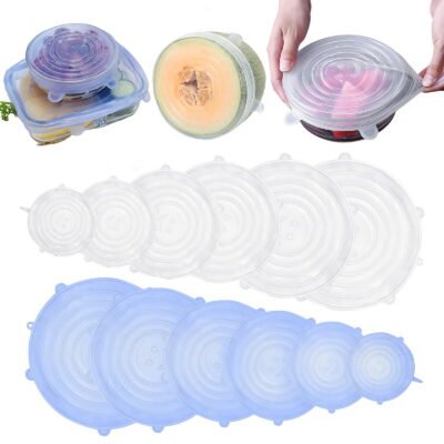 GLUAAE 12 PCS Kitchen Silicone Stretch Lids Reusable, Airtight Food Storage Covers, Various Sizes Seal Bowl Stretchy Wrap Cover for Containers, Cups, Plates, Microwave(white + blue)