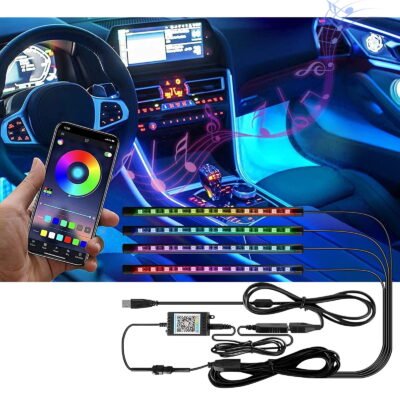 Somnr Interior Car Lights, 4 Pcs 48 LED Multi-Color Music Car Lights Strip Under Dash Lighting Kit with Sound Active Function & App Control, USB DC 5V