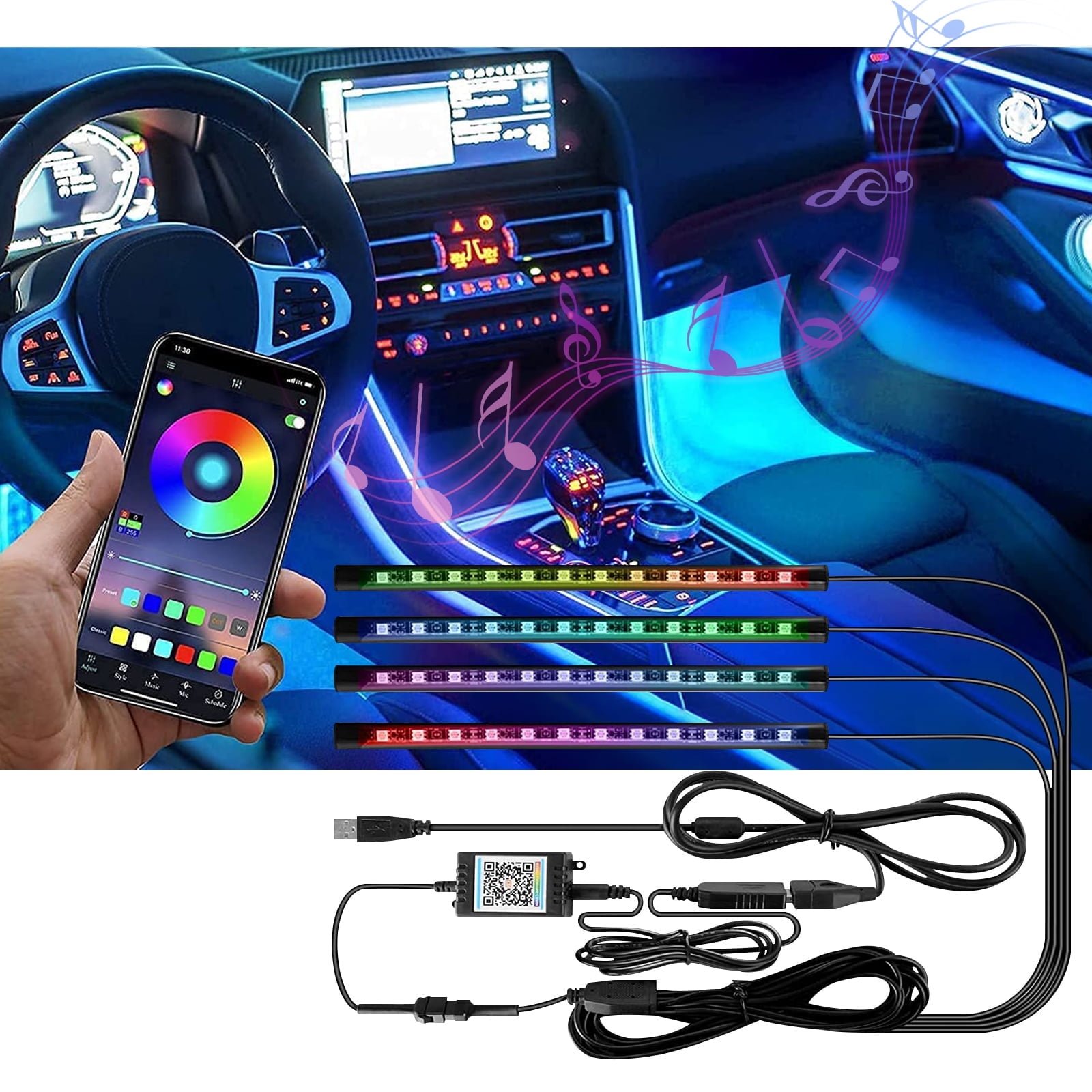 Somnr Interior Car Lights, 4 Pcs 48 LED Multi-Color Music Car Lights Strip Under Dash Lighting Kit with Sound Active Function & App Control, USB DC 5V