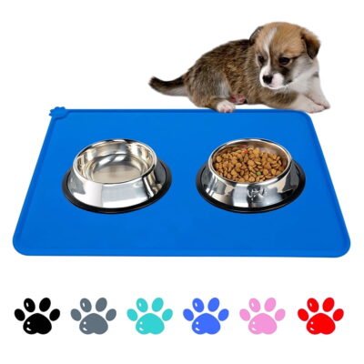 QiShi Silicone Waterproof Dog Cat Pet Food Mats Tray -FDA Grade Dog Pet Cat Feeding Mat-Blue