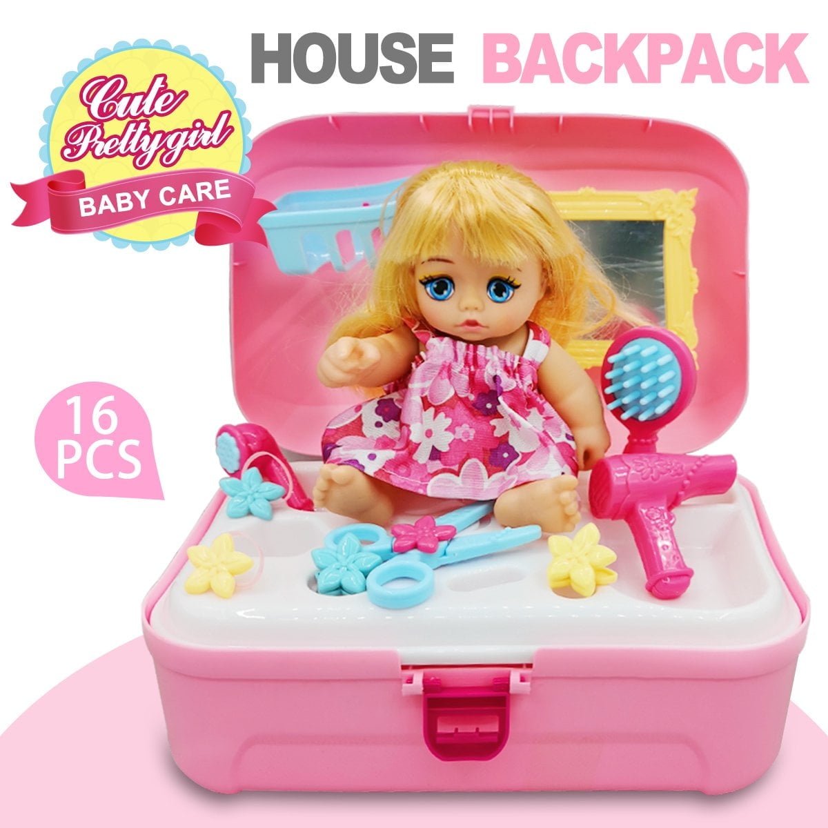 GLUAAE Baby Doll Accessories Set (16 Piece), Kids Pretend Dressing up Toy Kit for Toddler Girls, Beauty Play Toy with Backpack 3+Year Old Little Princess Gifts