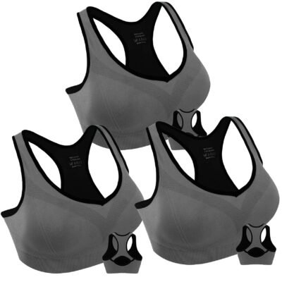 QISHI 3 Pack Women Racerback Sports Bras High Impact Workout Yoga Gym Activewear Fitness Bra
