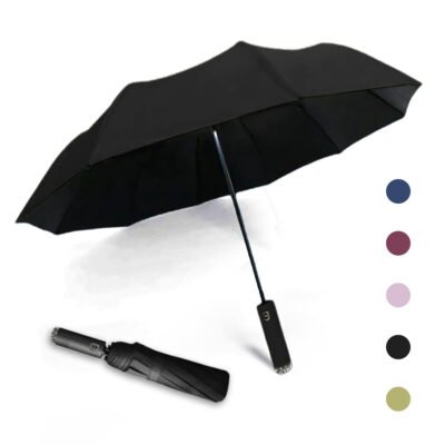 Somnr Folding and Portable Sun & Rain Umbrella (Black), Automatic LED Lighting Umbrella with 10-Bone, Travel Umbrella with 180 Degree Rotating Handle with Flashlight