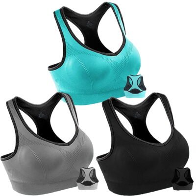 QISHI 3 Pack Women Racerback Sports Bras High Impact Workout Yoga Gym Activewear Fitness Bra