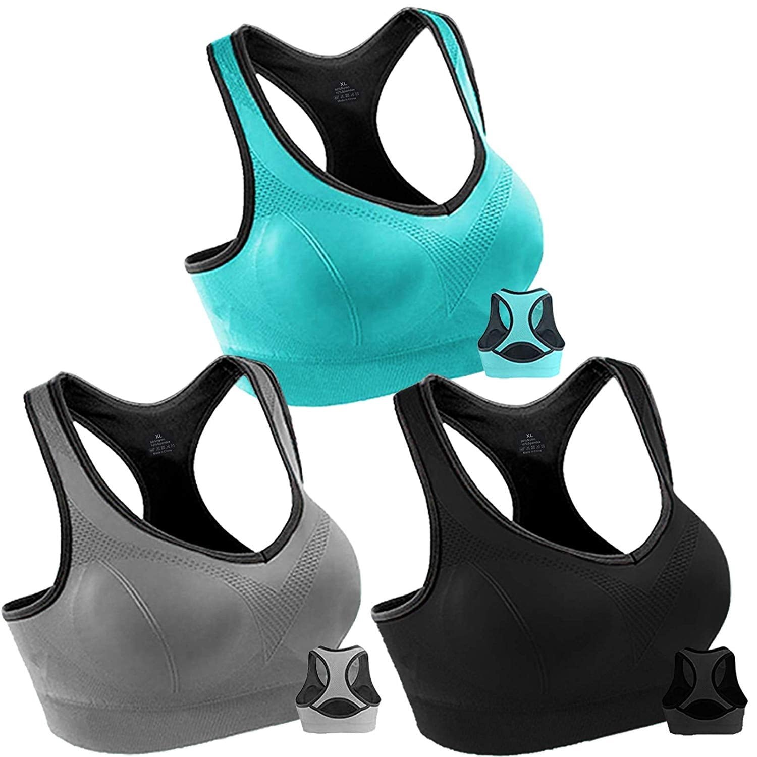 QISHI 3 Pack Women Racerback Sports Bras High Impact Workout Yoga Gym Activewear Fitness Bra