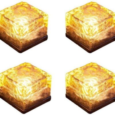 Qishi Brick Light Solar Ice Light Ice Cube Lights Buried Light Paver for Garden Courtyard Pathway Patio Outdoor Decoration 4 Pack Warm White