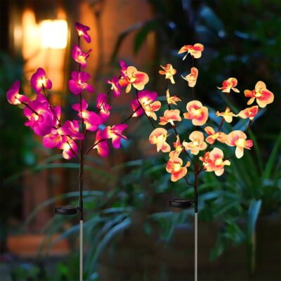 Solar Garden Flower Lights, Upgraded Waterproof Solar Orchid Lights Outdoor with 40 Flower, 2 Mode Decorative Lights Bigger Solar Panel for Patio Yard Patio Pathway Decoration（Purple & Pink)2Pcs