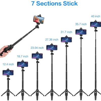 QiShi 40" Bluetooth Selfie Stick & Tripod - Extendable Phone Stand with Remote for iPhone/Android/Samsung