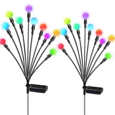 GLUAAE 2 Pack Solar Garden Lights, Starburst Swaying Light, Outdoor Decorative Solar Lights, Color Changing 10 LED Path Lights for Patio Yard (Color)