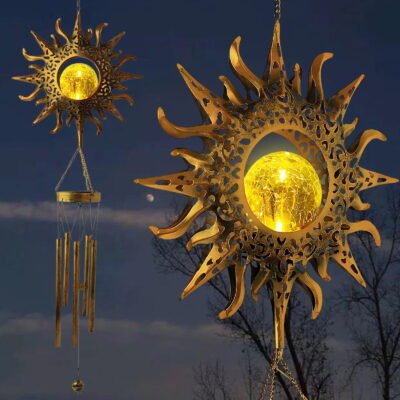 QiShi Outdoor Sun Decor with Warm Light, Sun Glass Ball Wind Chimes with Metal Tubes & Crackle Glass, Solar Wind Chimes Sympathy Wind Chimes, Gifts for Mom, Gifts for Grandma, Gift for Grandmother