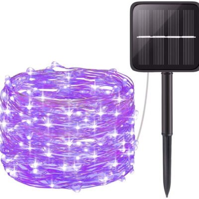 Solar Outdoor String Lights 100 LED Solar Powered Fairy Lights 33ft Flexible Copper Wire Auto On/Off 8 Modes Waterproof IP65 String Lights for Garden, Patio, Windows, Trees, Party (Purple)