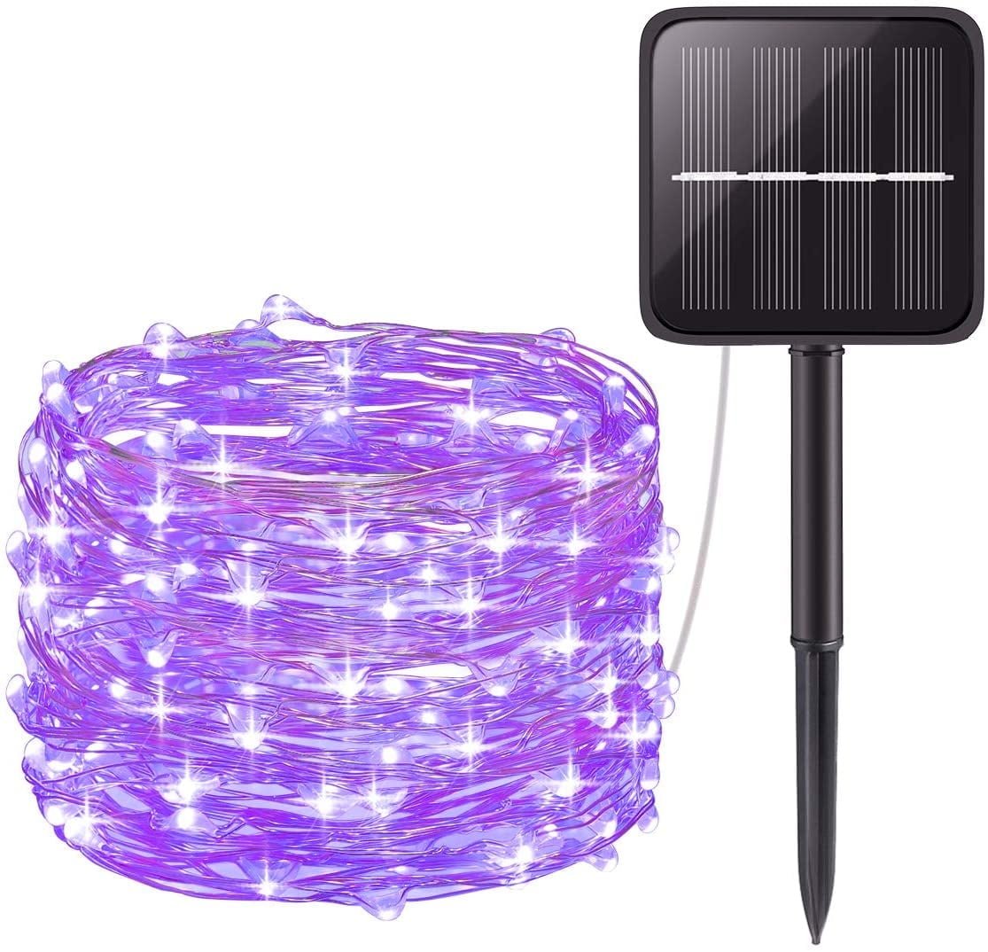 Solar Outdoor String Lights 100 LED Solar Powered Fairy Lights 33ft Flexible Copper Wire Auto On/Off 8 Modes Waterproof IP65 String Lights for Garden, Patio, Windows, Trees, Party (Purple)