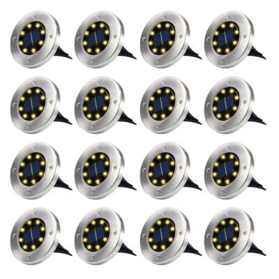 Qishi Solar Ground Lights Outdoor, 16 Pack 8 LED Solar Disk Lights Waterproof Garden In-ground Pathway Lights Landscape Lighting for Lawn,Yard,Deck,Patio,Walkway (Warm White)