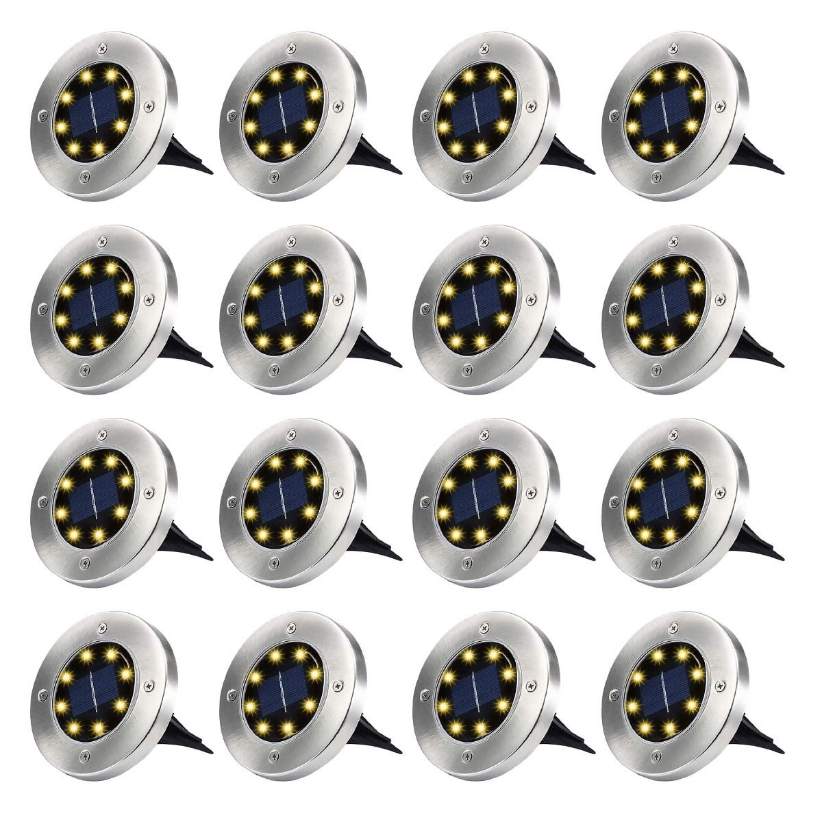 Qishi Solar Ground Lights Outdoor, 16 Pack 8 LED Solar Disk Lights Waterproof Garden In-ground Pathway Lights Landscape Lighting for Lawn,Yard,Deck,Patio,Walkway (Warm White)