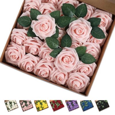 GLUAAE 25 Pack artificial foam roses with stems for wedding DIY bouquets, centerpieces, bridal showers, and home decoration (Pink Champagne)