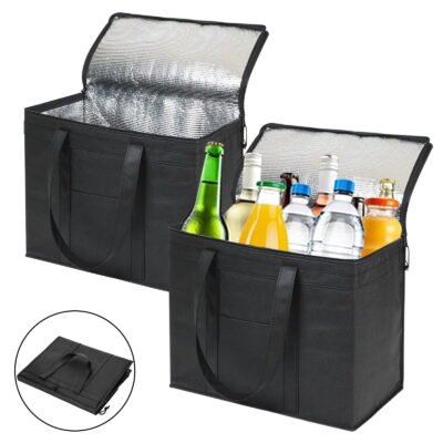 Somnr 2 Pack Commercial Insulated Bag for Food Delivery, Foldable Hot & Cold Thermal Bag with Sturdy Zipper for Groceries, Stands Upright (XL, Black)