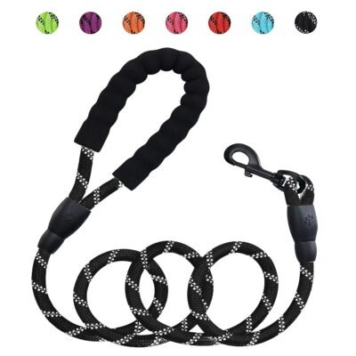 Reflective Strong Rope Dog Leash with Comfortable Padded Handle Heavy Duty Metal Clasp for Dogs for Pets (5 FT)BLACK