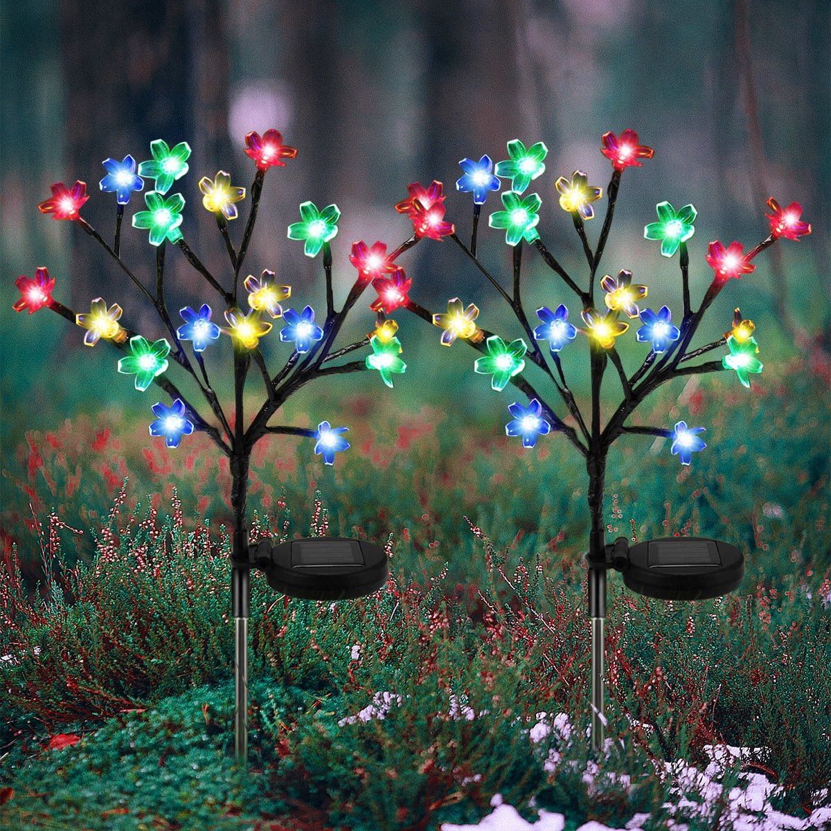QiShi 2 Pack Solar Fairy Lights Waterproof Multi-Color Solar Powered Garden Lights, Solar Flower Lights with 20 Cherry Blossom, Bigger Solar Panel for Pathway Patio Yard Christmas Decor